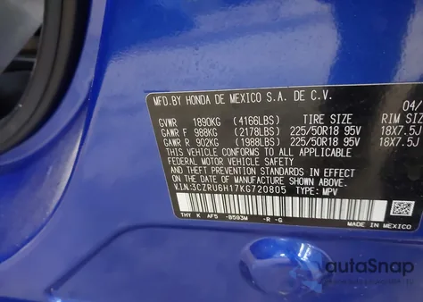 2019 Honda Hr-V Sport из США, поврежденный, VIN 3CZRU6H17KG720805